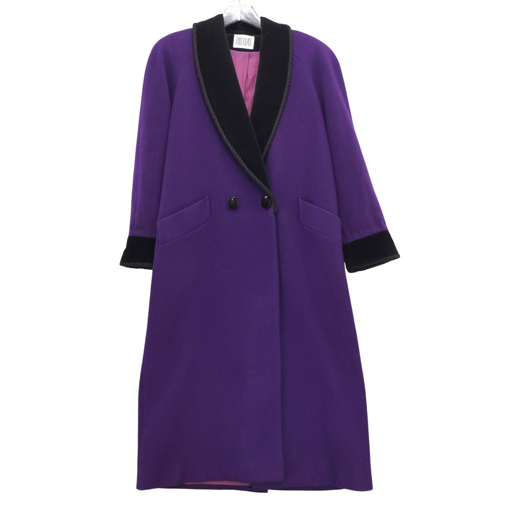 Bill‎ Blass Vintage Purple Wool Coat Velvet Trim Oversized Longline Jacket  XL
